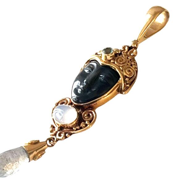 Sajen 18K Gold Pendant 2.75" Obsidian Black Goddess Moonstone Topaz Gemstone Vtg - Picture 6 of 6